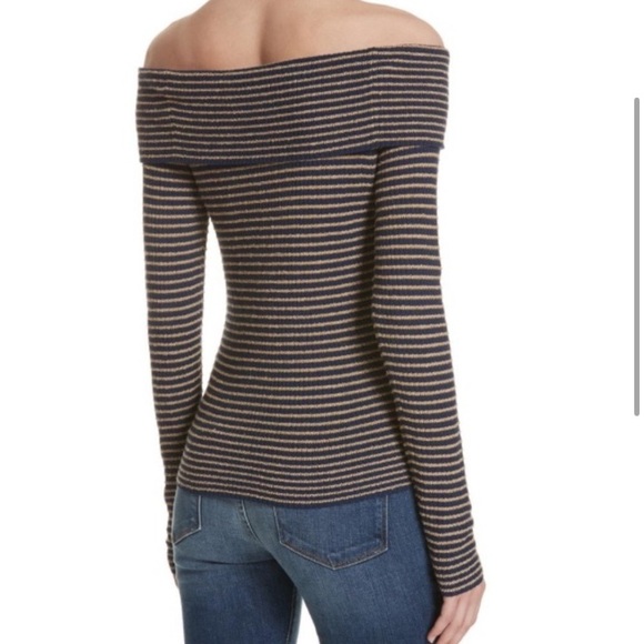 FRAME Off Shoulder Textured Wool Blend Sweater in Blue/Mustard Yellow - Picture 3 of 12